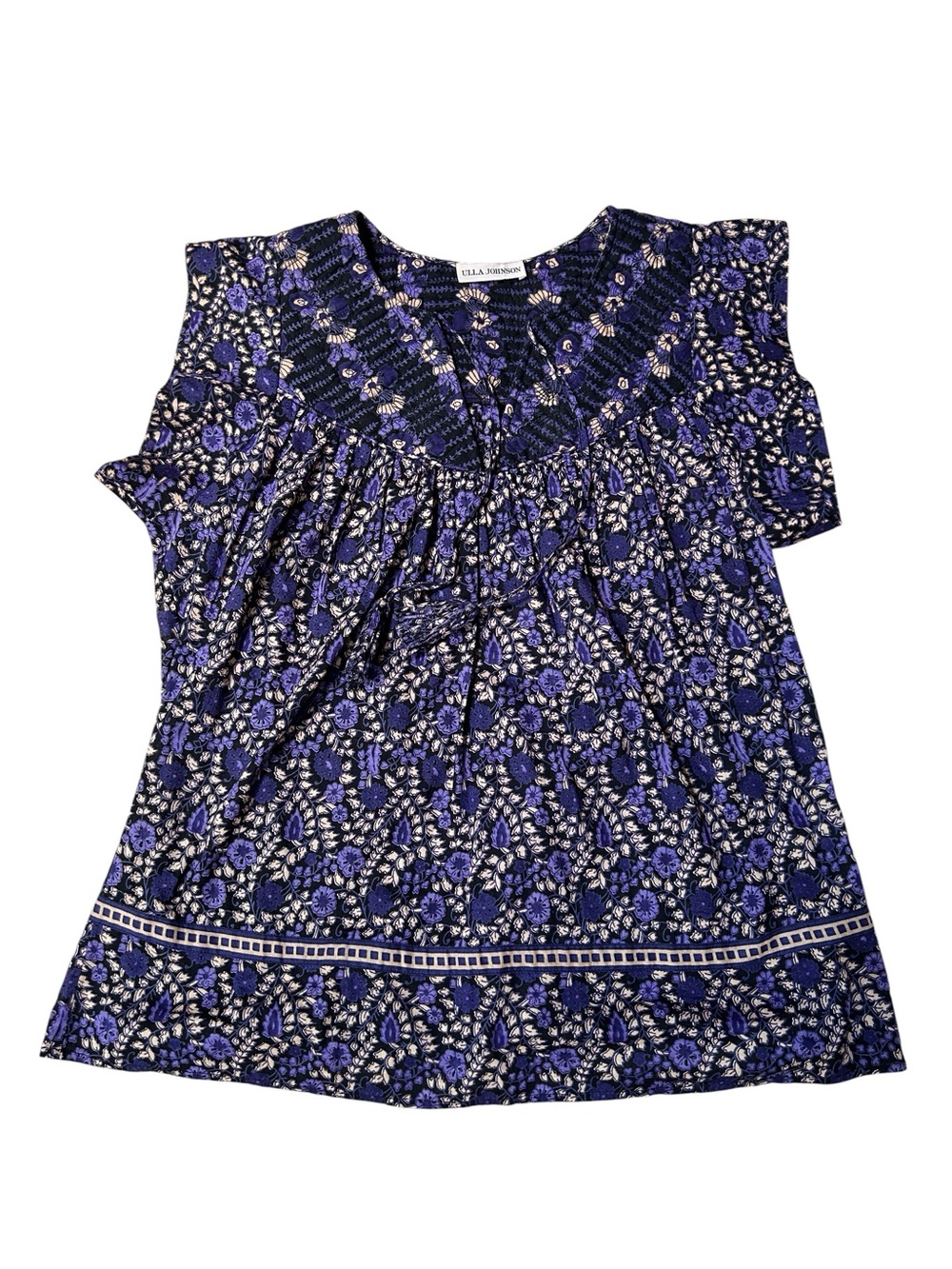 Ulla Johnson Violet Floral Short Sleeve Cotton Blouse Quilted Yoke Size 6
